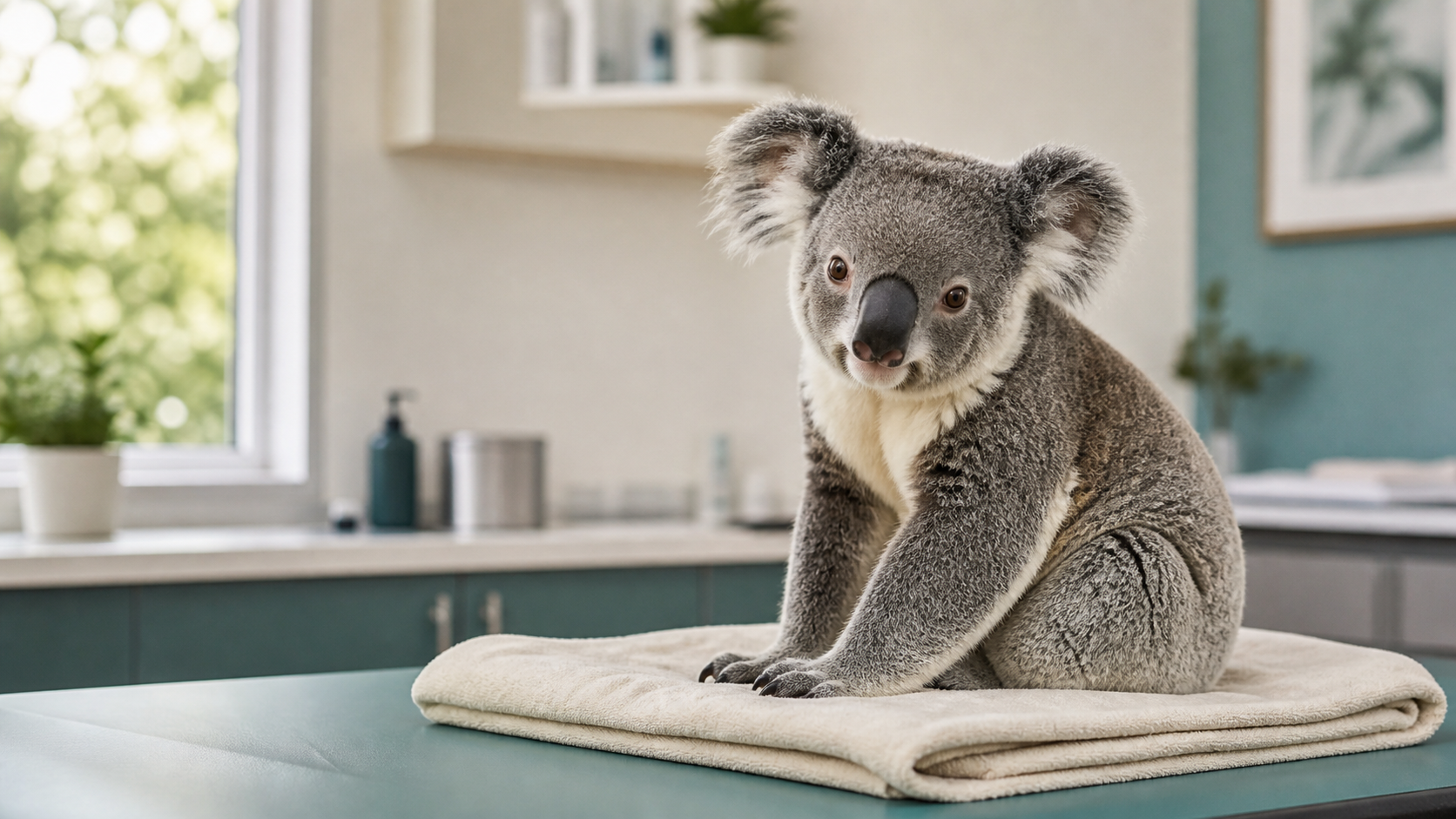 Koala siedzący spokojnie w jasnym gabinecie weterynaryjnym